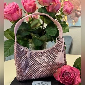 🌸 RARE!! AUTHENTIC PRADA RE-EDITION ALABASTRO PINK CRYSTAL SILK HANDBAG!